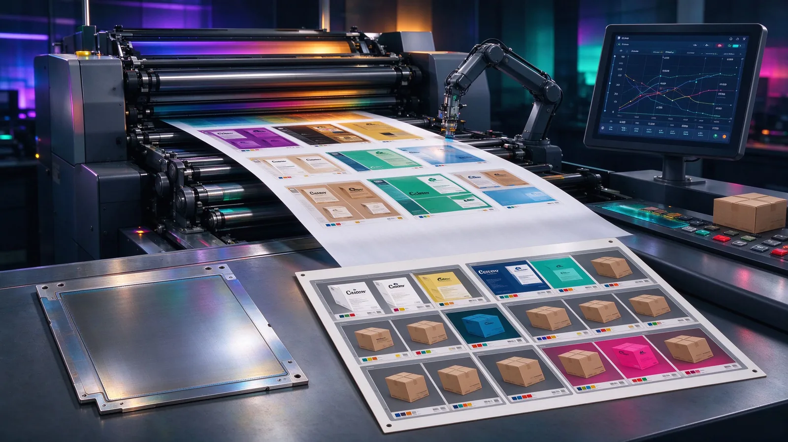 Shared printing plate layout carrying six different packaging designs that are cut into separate finished runs